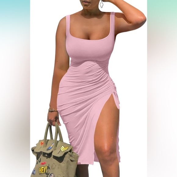 Summer Sexy Sleeveless Side Split
Bodycon Ruched Midi Tank Dress
8081 - Picture 1 of 6